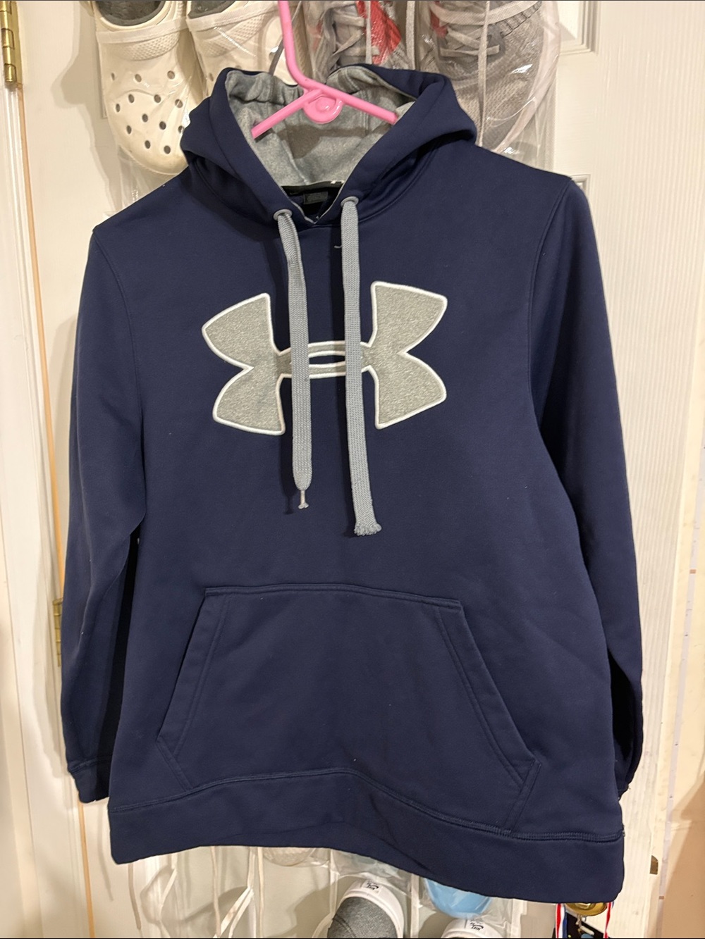 Under Armour Navy Hoodie with Gray Logo and Drawstrings